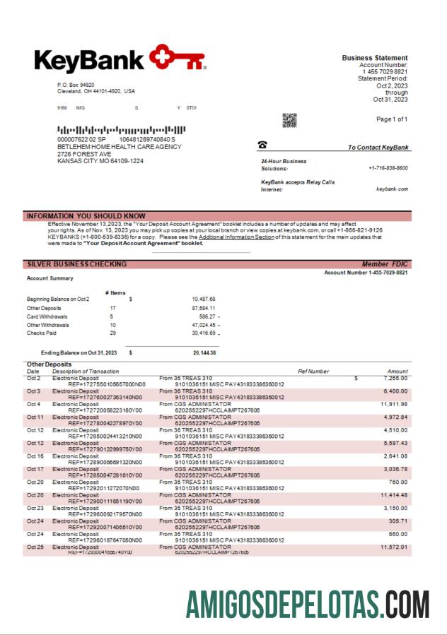 Imprimível Keybank Business Bank Statement modelo Word e PDF
